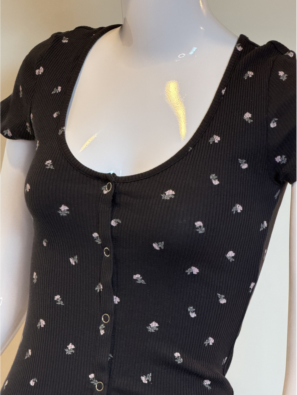 H&M Divided Black Floral Ribbed Button Front Mini Dress - Picture 2 of 8